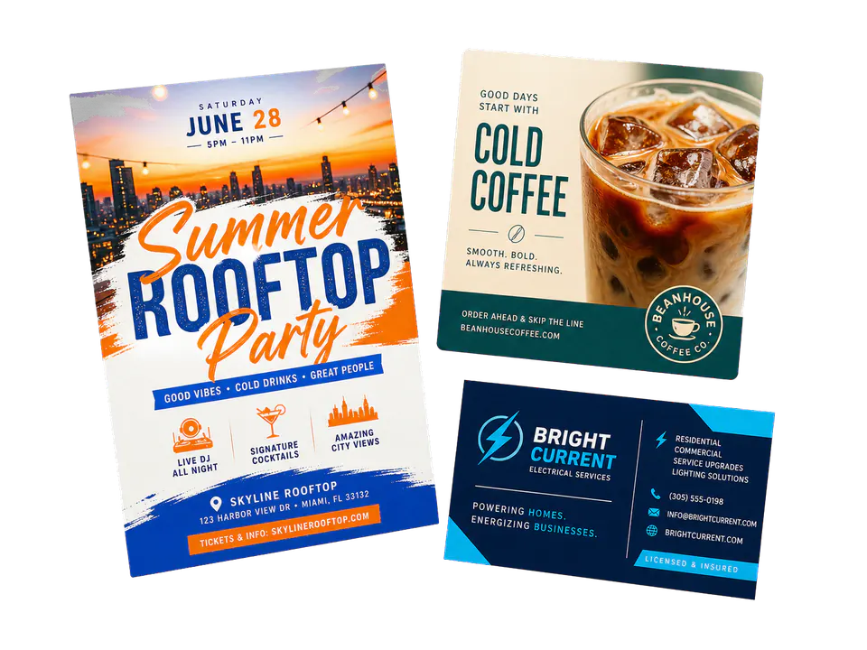 Barbecue flyer, skincare social post and home services business card