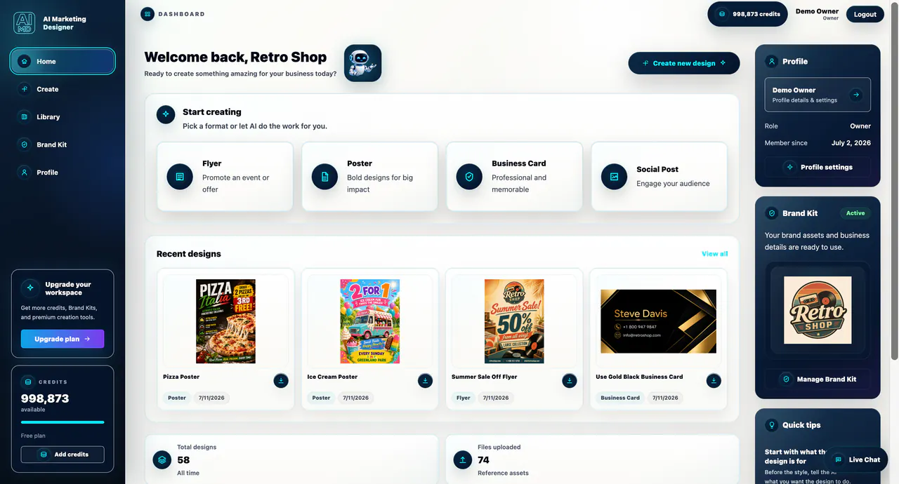 AI Marketing Designer dashboard